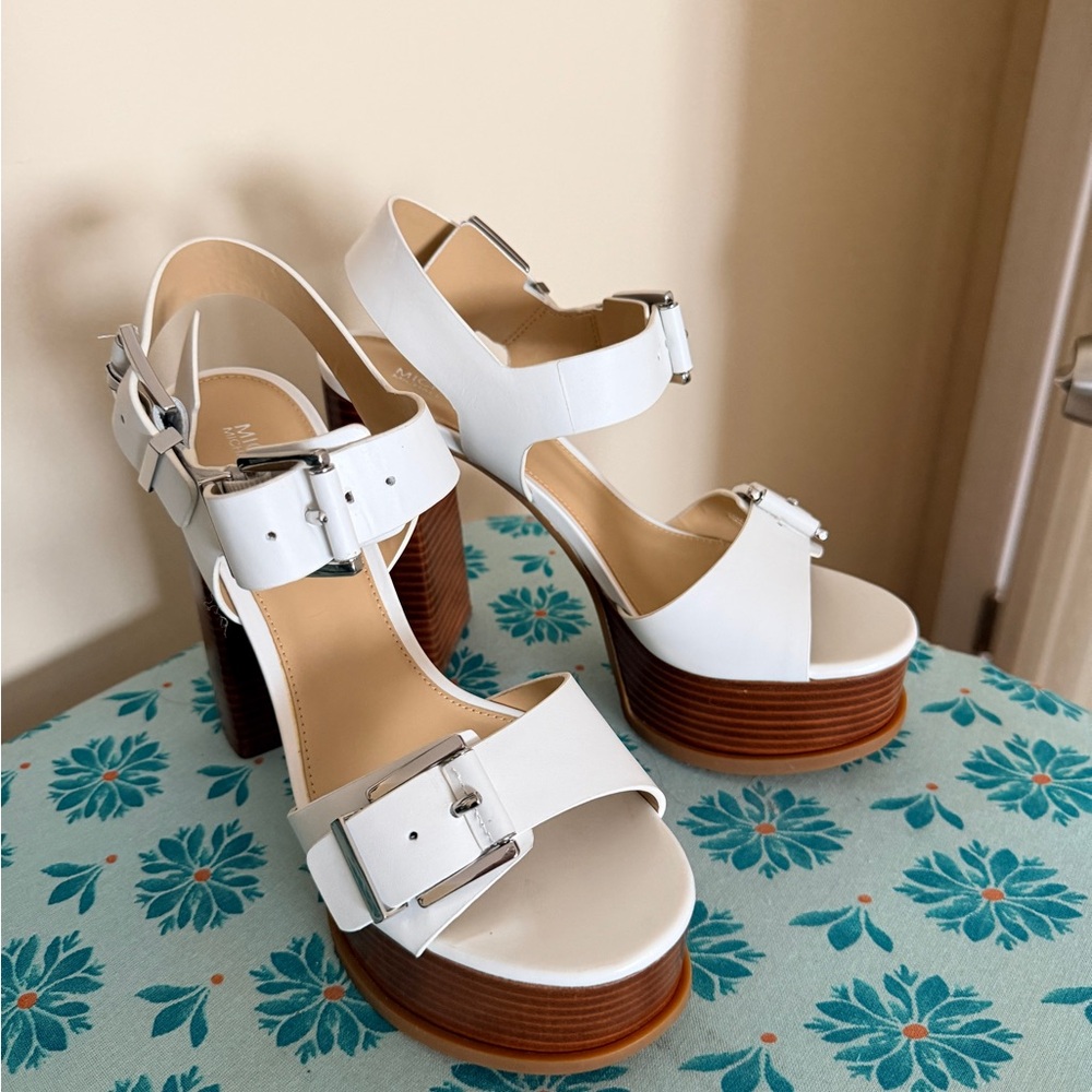 Michael Kors White and Brown Block Heel Sandals - Picture 2 of 8